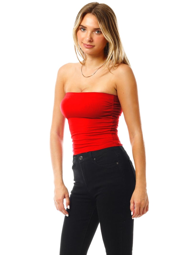 MixMatchy Women's Solid Casual Summer Side Shirring Scrunched Double Layered Tube Top 3PACK - Black/White/Red L - Image 3
